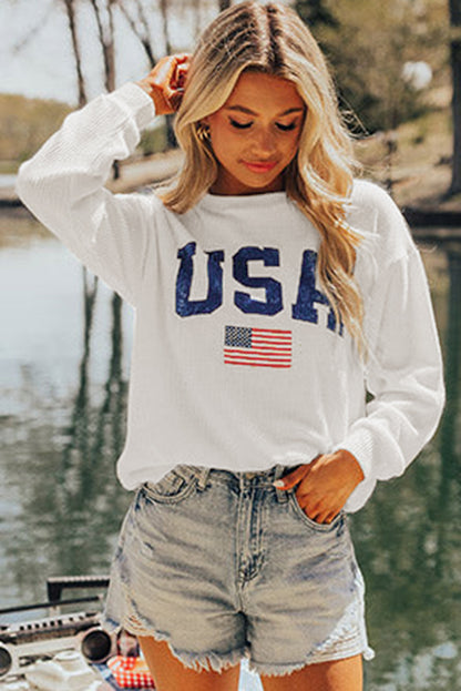 White USA Flag Corded Graphic Sweatshirt