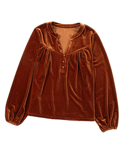 Gold Velvet Pile Neck Pleated Long Sleeve T-Shirt