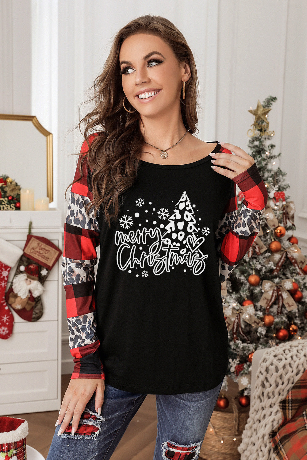 Black Merry Christmas Plaid Leopard Patchwork Long Sleeve Top