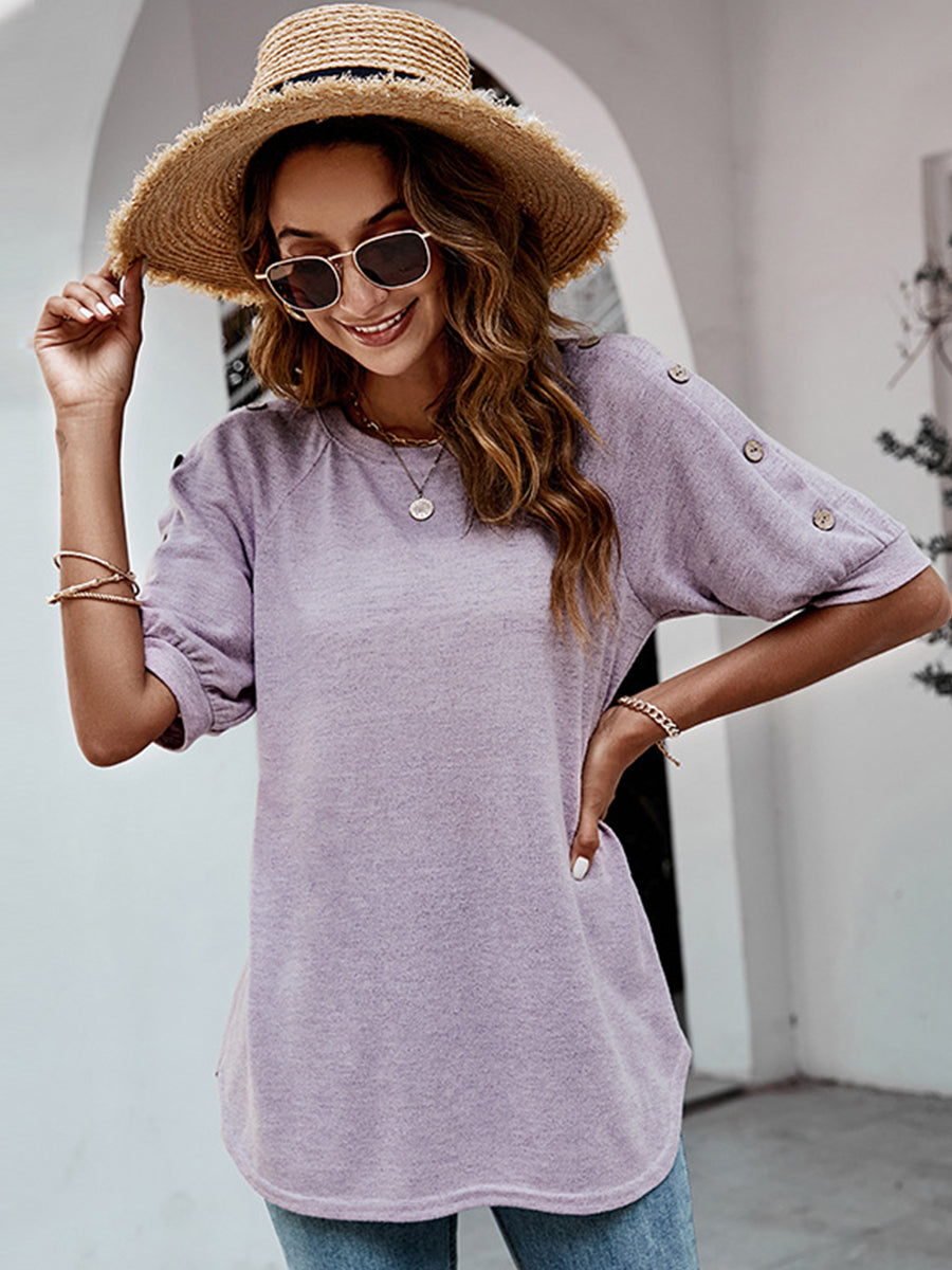 Blouses - Loose Round Neck Button Casual Half-Sleeve T-Shirt - MsDressly