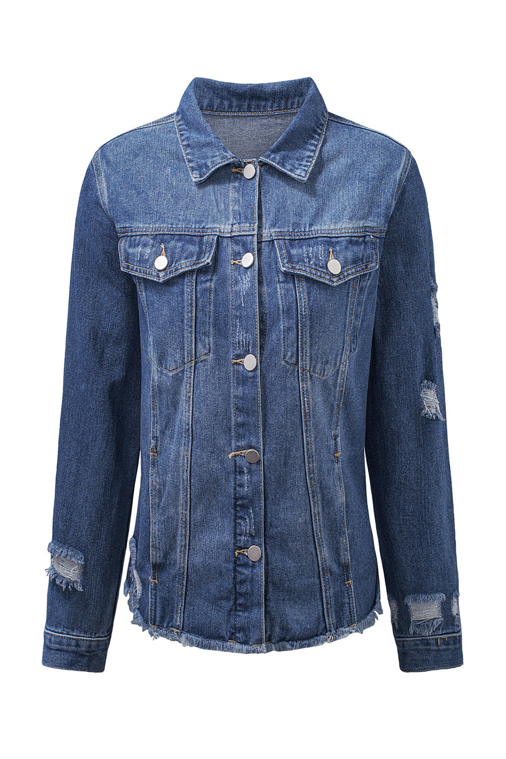 Blue Lapel Distressed Raw Hem Buttons Denim Jacket