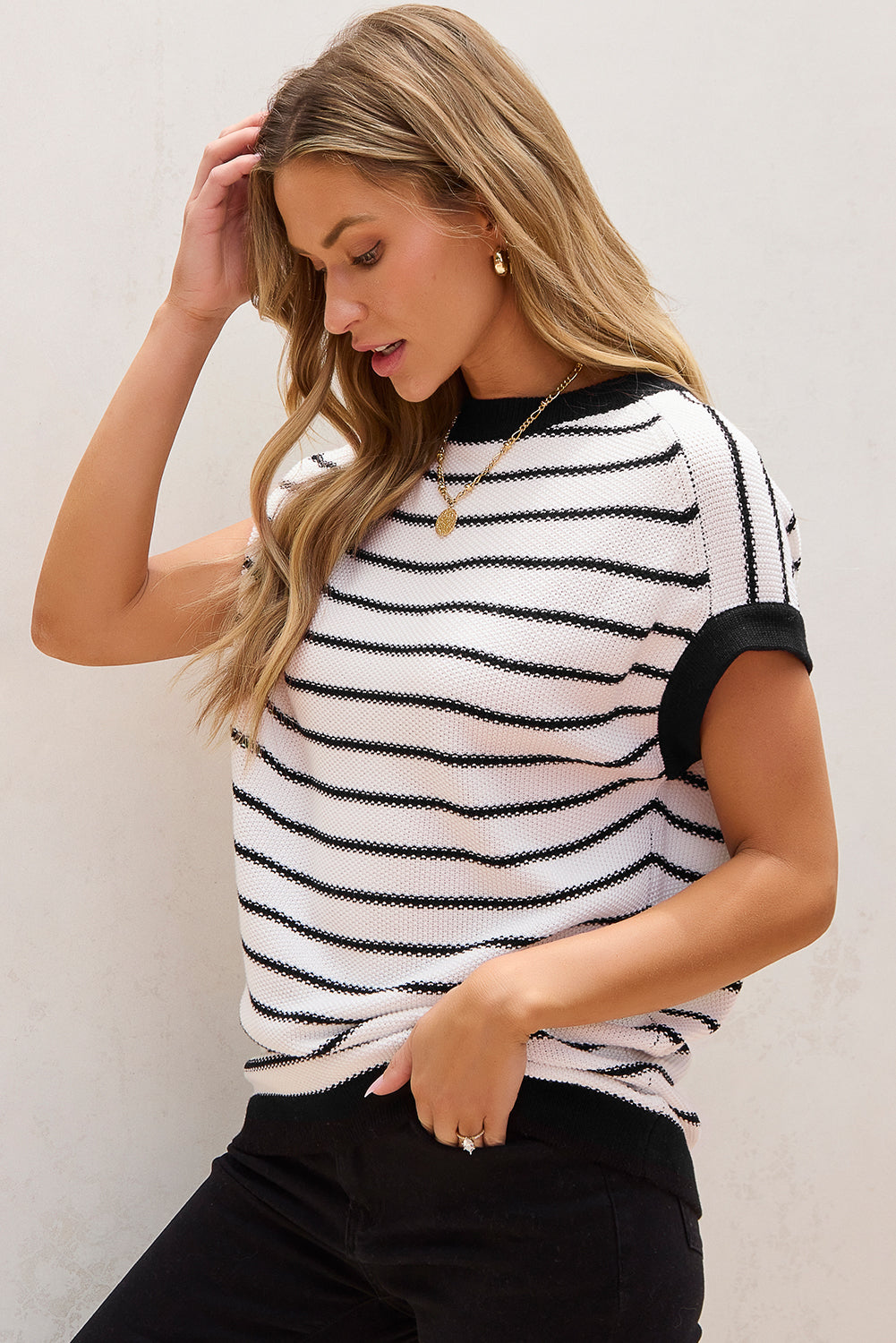 Black Stripe Loose Knit Short Sleeve Sweater