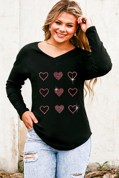 Black Valentines Day Rhinestone Heart Graphic Long Sleeve Tee