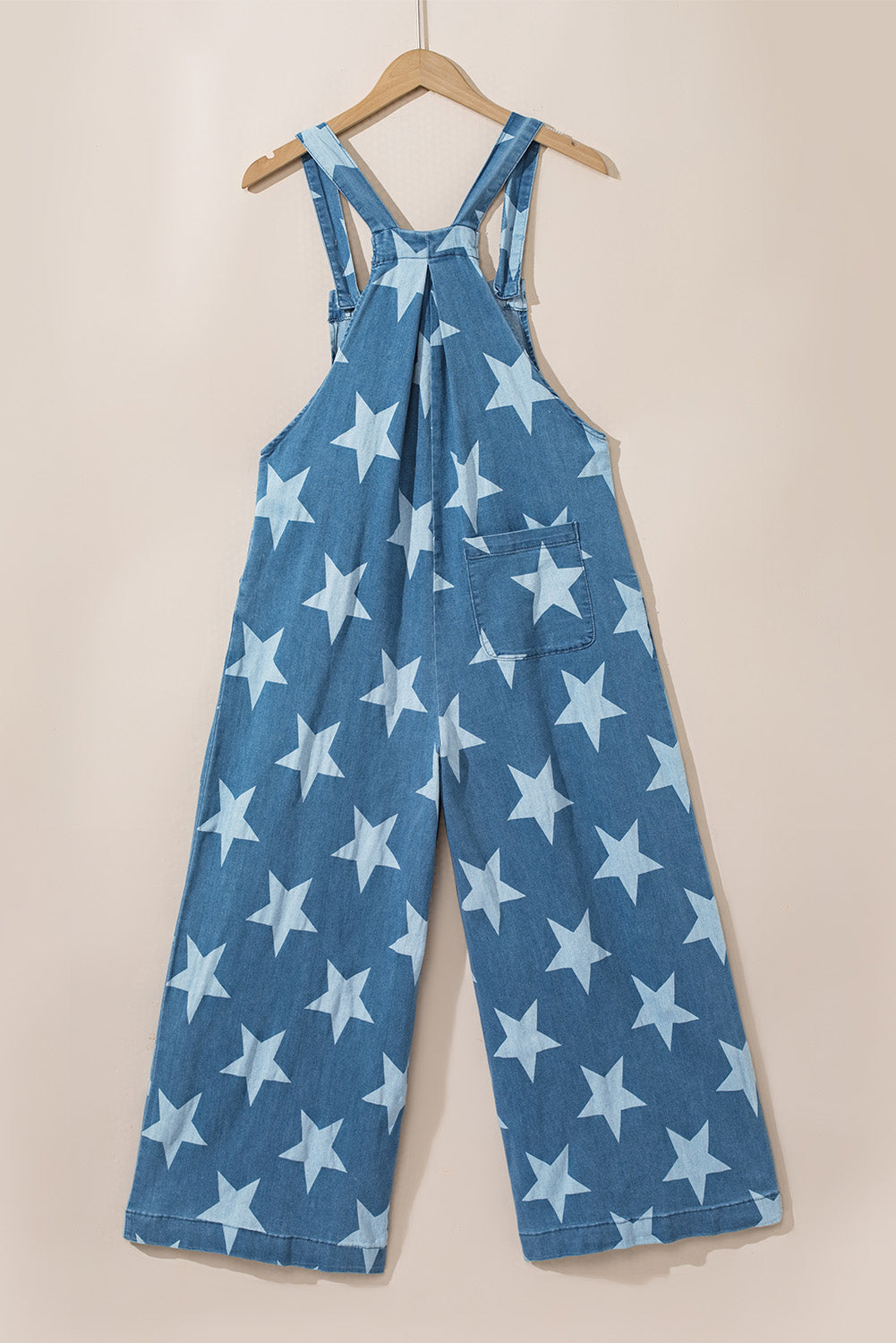 Star Print Buttoned Strap Pleat Wide Leg Denim Overall