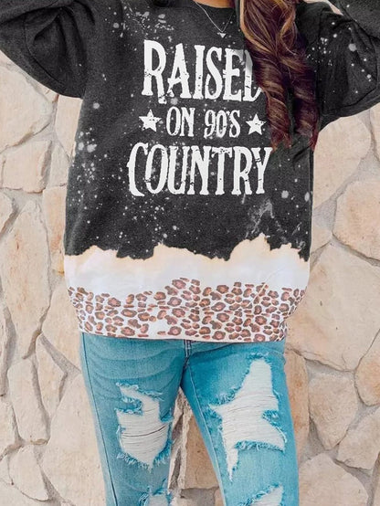 90's Country Leopard Print Color Block Sweatshirt with Raised Hem