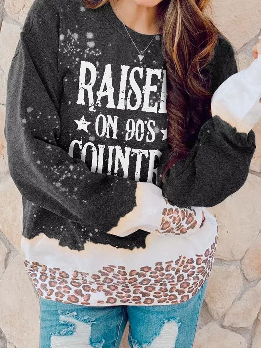 90's Country Leopard Print Color Block Sweatshirt with Raised Hem