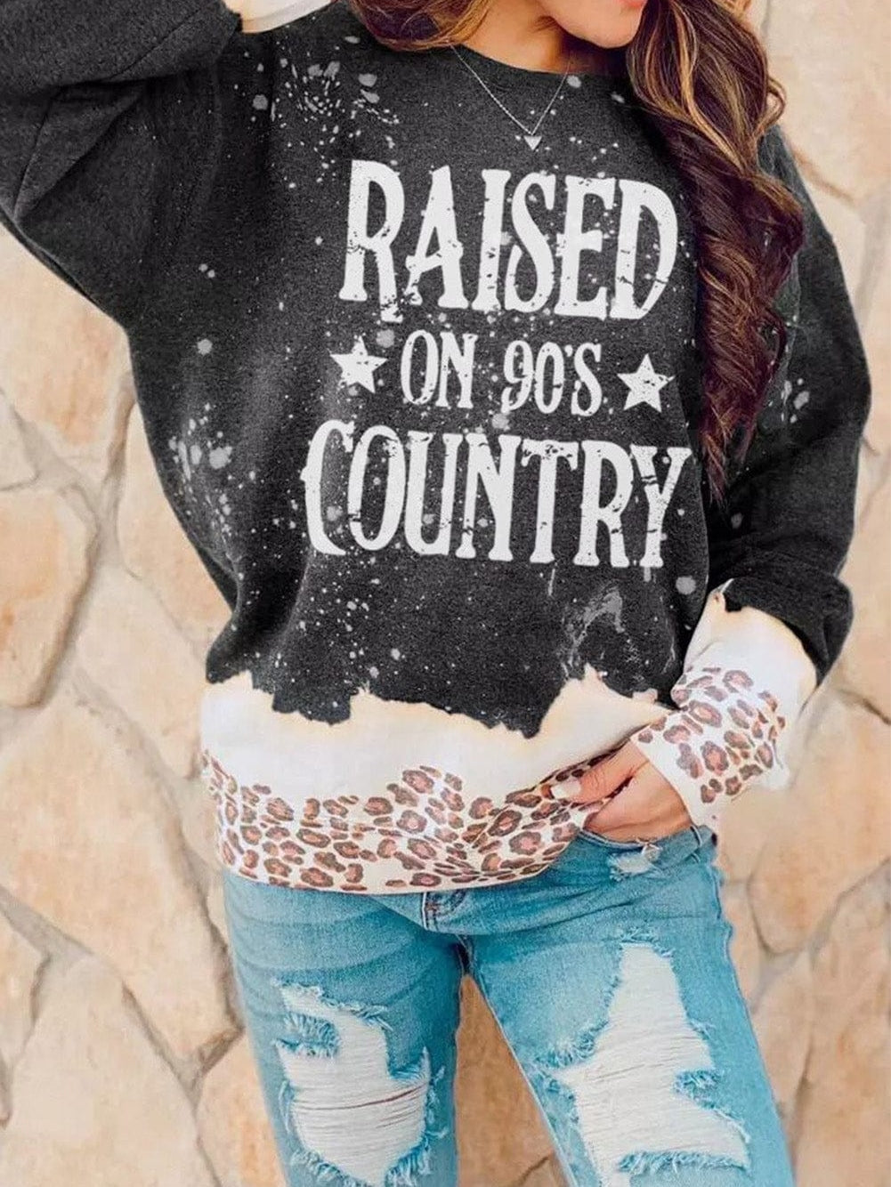 90's Country Leopard Print Color Block Sweatshirt with Raised Hem