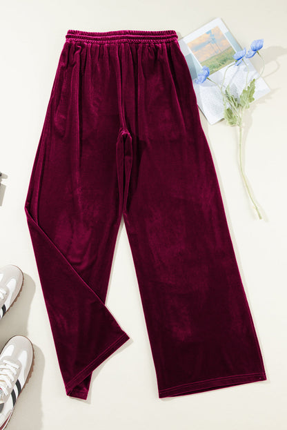 Burgundy Solid Drawstring Waist Wide Leg Pants