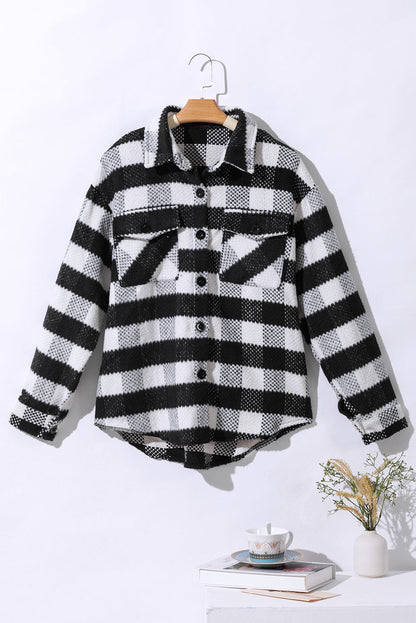 Black Plaid Textured Flap Pocket Shacket