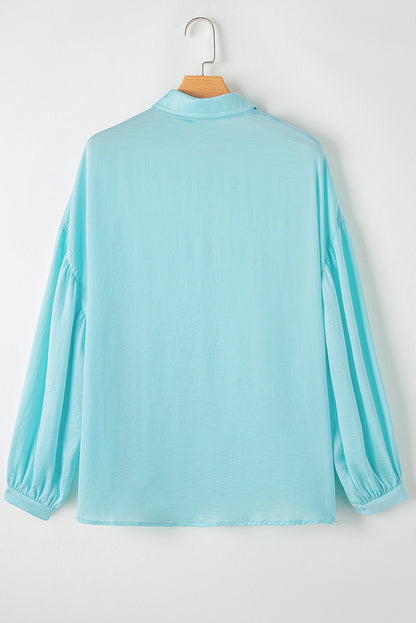 Iceland Blue Solid Puff Sleeve Loose Fit Buttoned Shirt