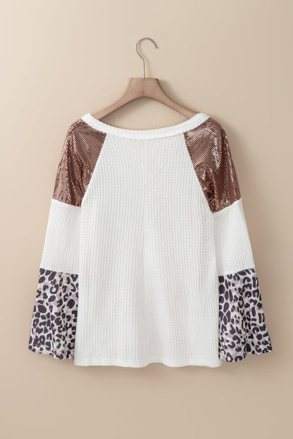 White Sequin Patchwork Bell Sleeve V Neck Tunic Top