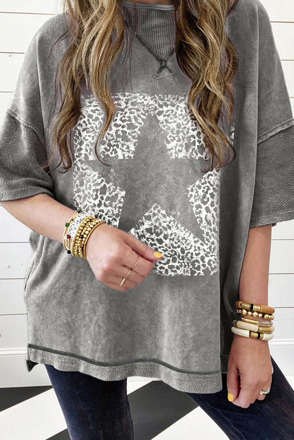 Philippine Gray Leopard Star Print Mineral Wash High Low Oversized Tee