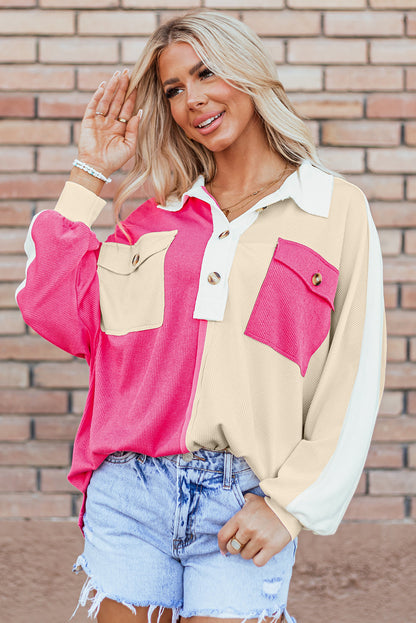 Rose Red Colorblock Ribbed Collared Oversized Sweatshirt