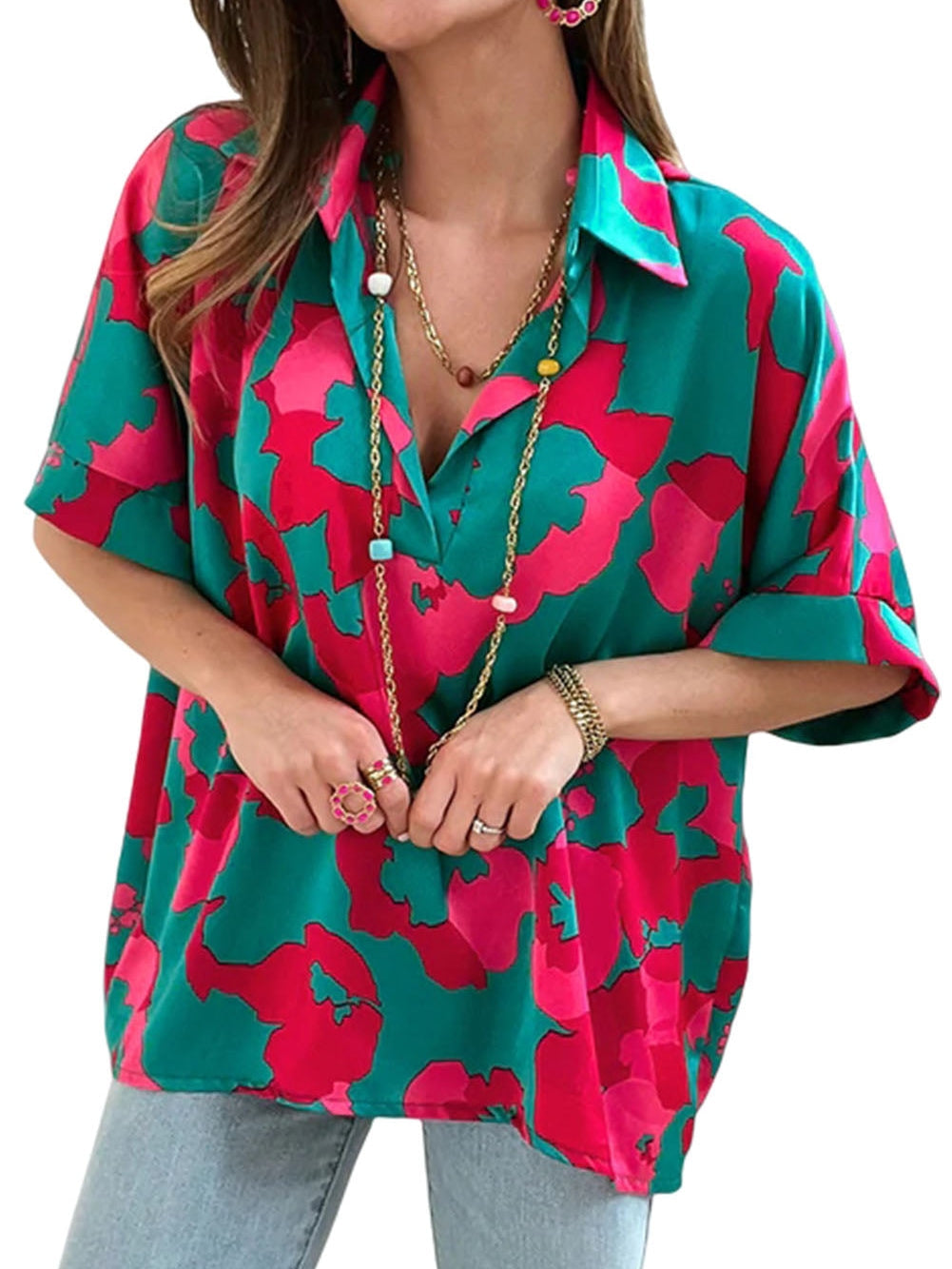 Abstract Green V-Neck Blouse with Geometric Print