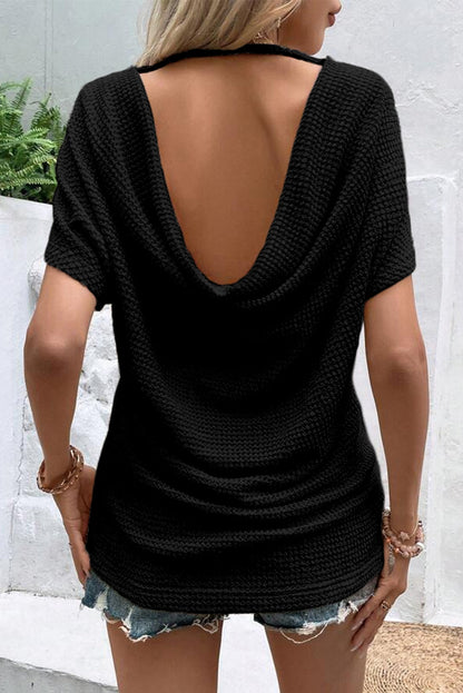 Black Draped Open Back Textured Tee