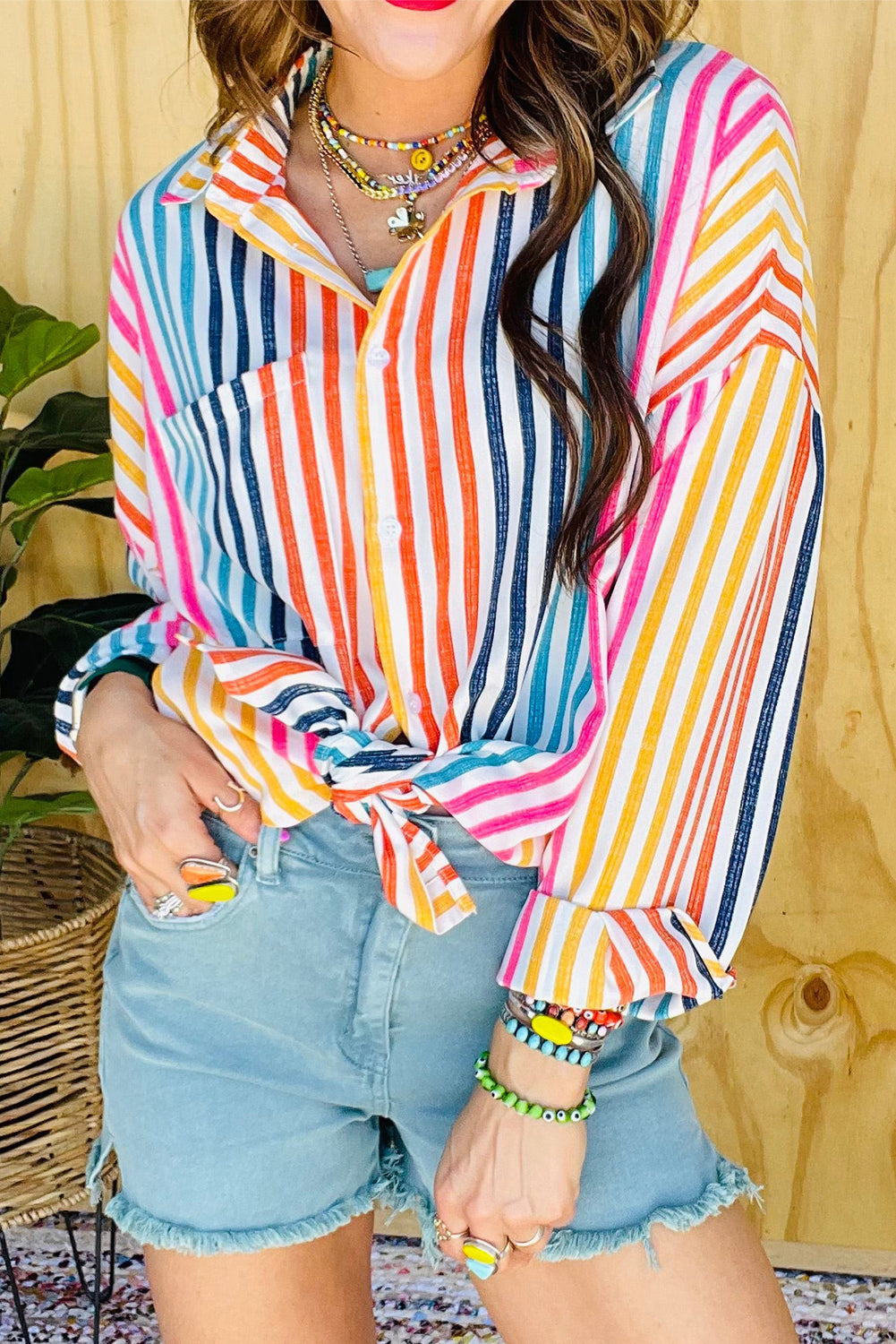 Orange Stripe Multicolor Drop Shoulder Loose Shirt