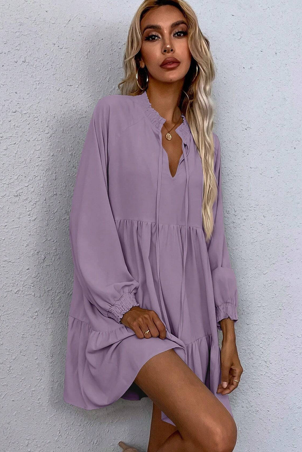 Lavendula Tie Split Neck Smocked Detail Long Puff Sleeve Ruffle Hem Loose Dress