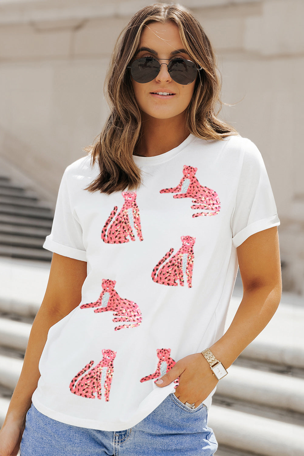 White Sequined Cheetah Print Round Neck T-Shirts