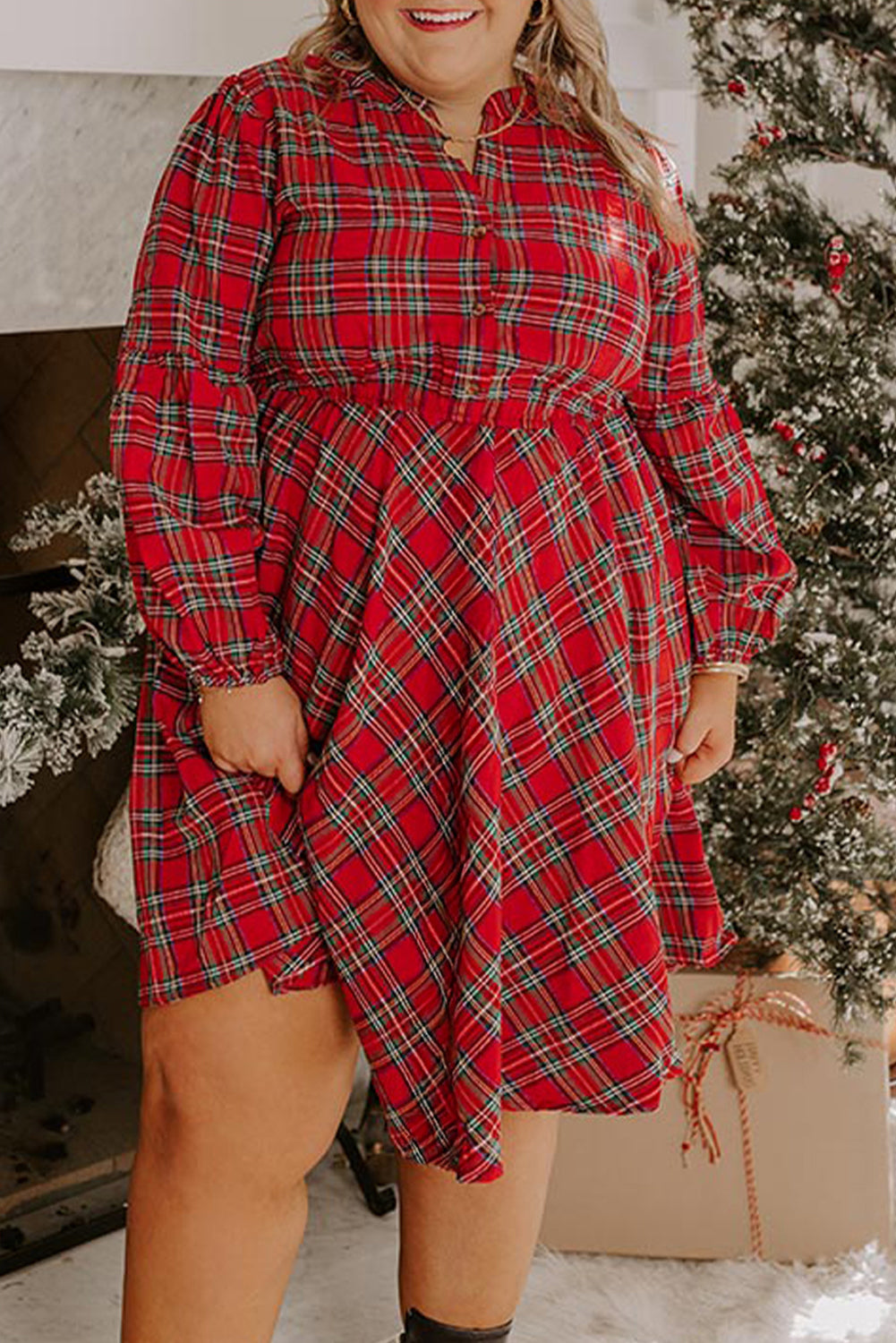 Red Plus Size Plaid Half Button Long Sleeve Holiday Dress