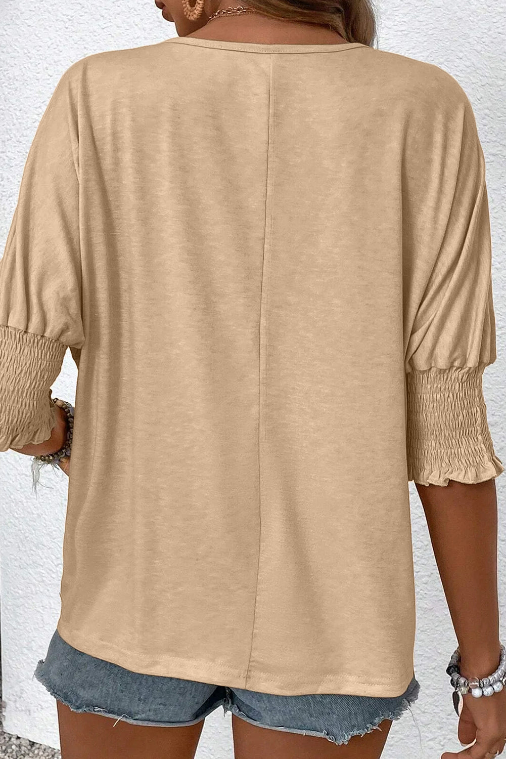 Apricot Plain Pleated Shirred Cuff Half Sleeve Top