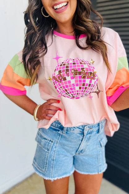 Pink Sequin Disco Ball Color Block Sleeve T-Shirts