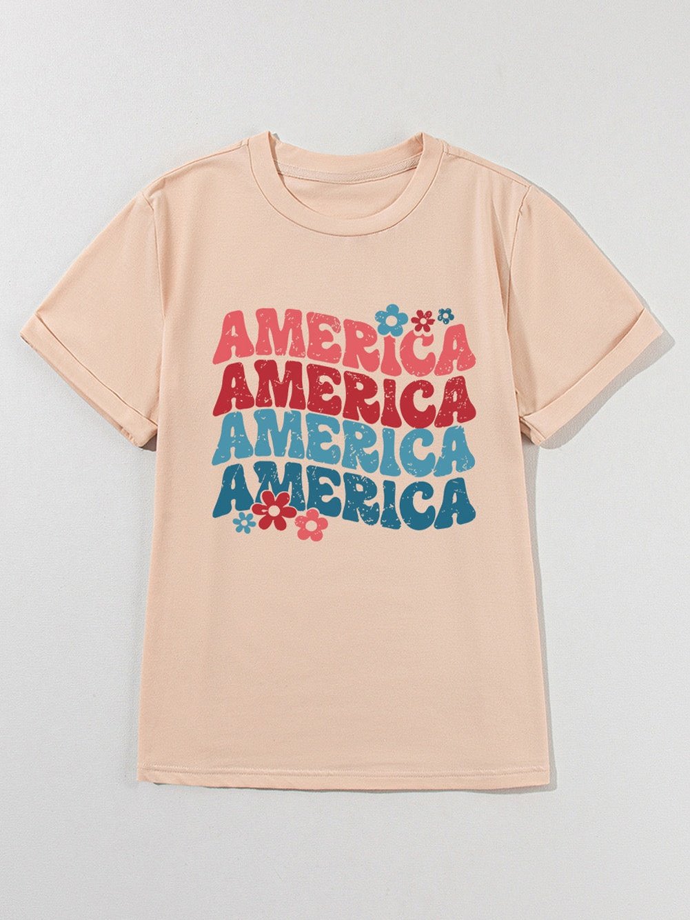 AMERICA Letter Print Khaki Floral Graphic Tee