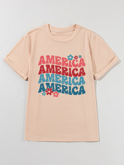 AMERICA Letter Print Khaki Floral Graphic Tee