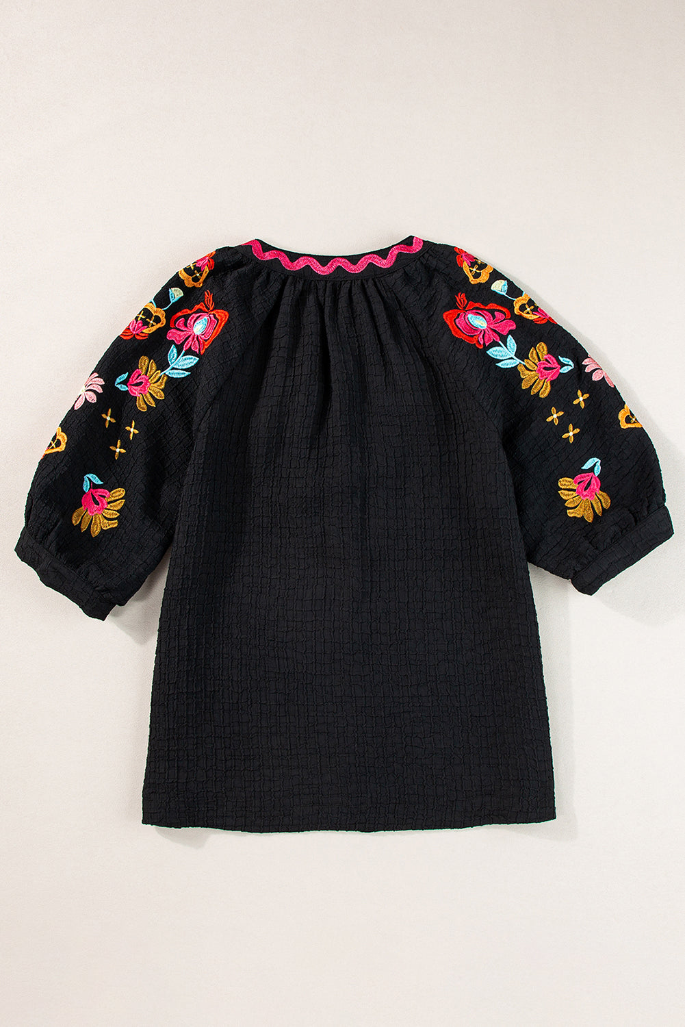 Black Floral Embroidered Ricrac Puff Sleeve Textured Blouse