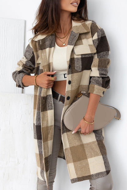 Khaki Plaid Button-Down Flap Pocket Long Shacket