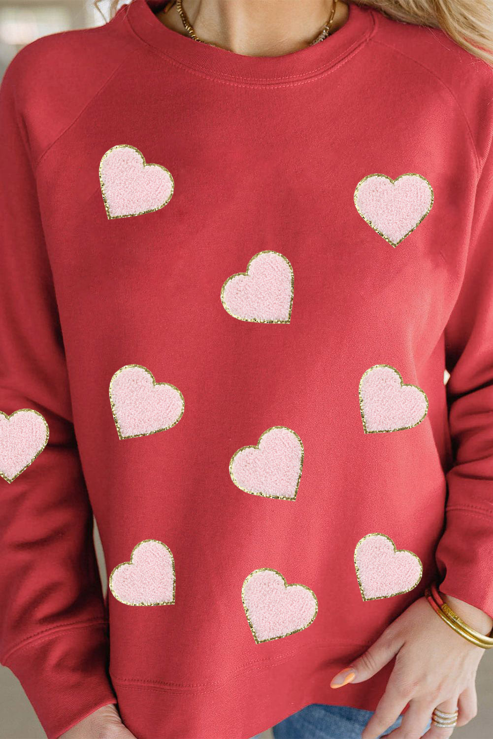 Red Heart Shaped Glitter Chenille Patched Pullover Sweatshirt