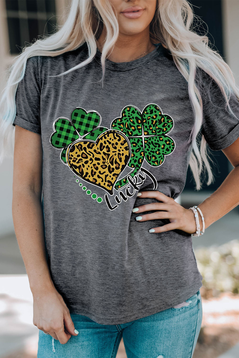 Gray Leopard Plaid Heart Clover Graphic T Shirt