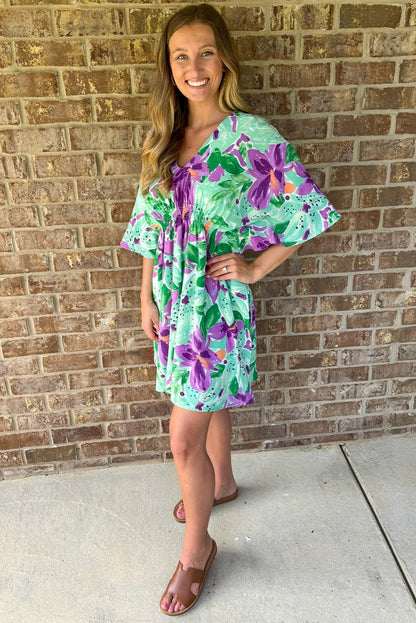 Green Boho Floral Half Sleeve V Neck Shirred Waist Mini Dress