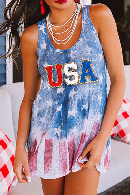 Blue USA Flag Print Loose Fit Tunic Tank Top