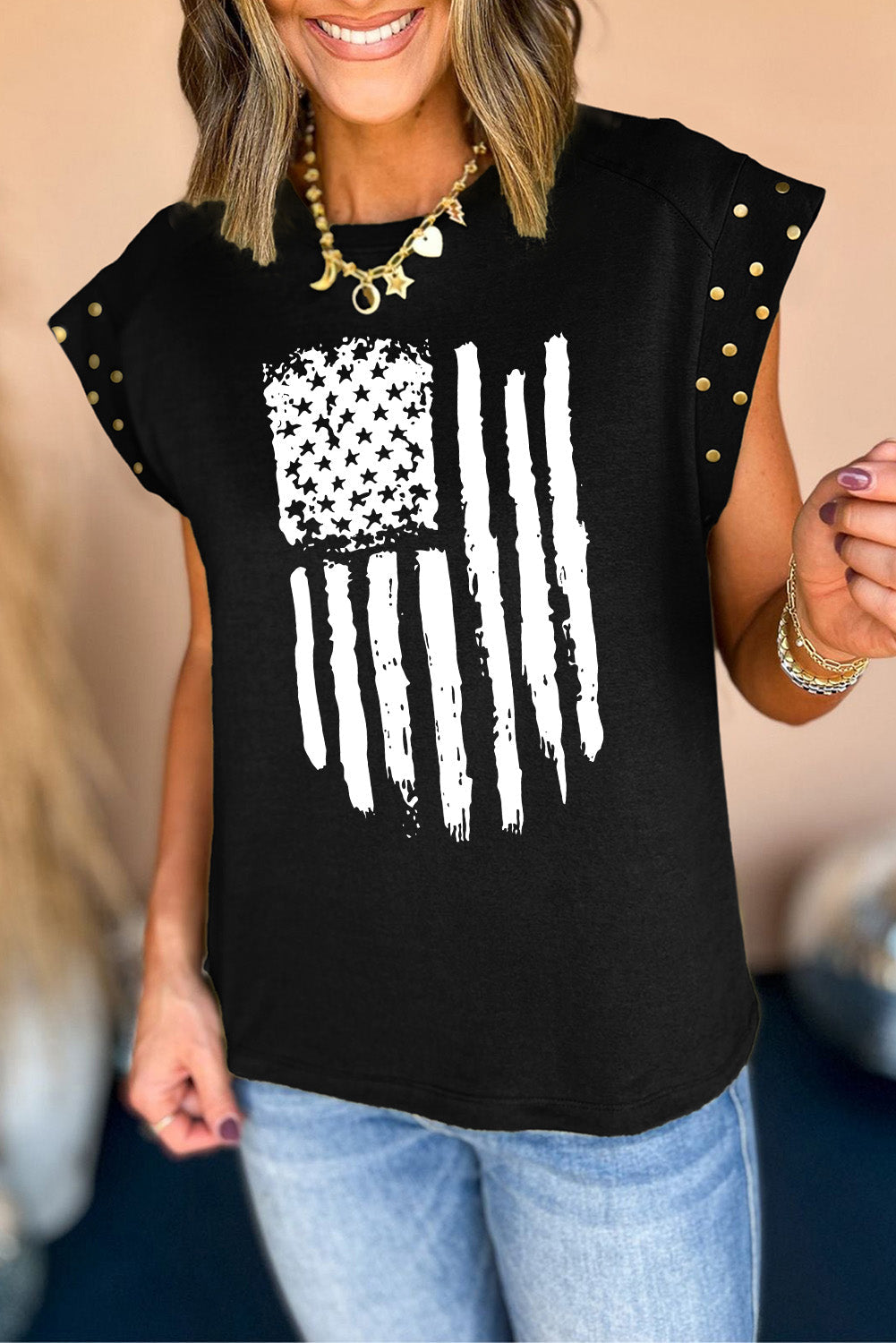 American Flag Embellished Cap Sleeve Tee in Black