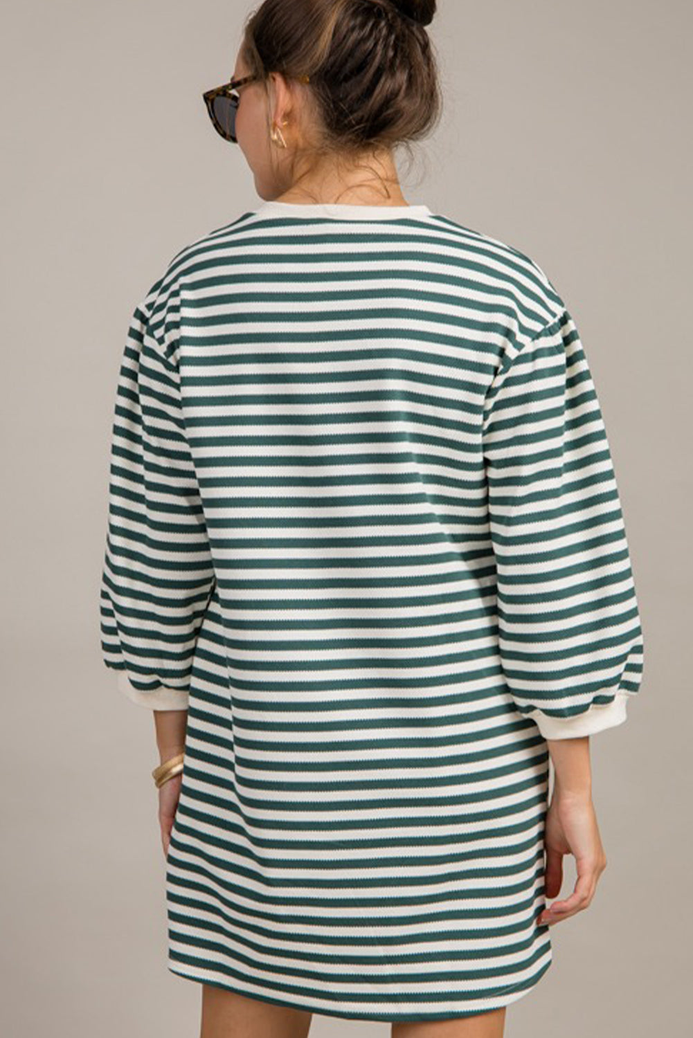 Green Stripe Puffy Bracelet Sleeve Shift Mini T Shirt Dress