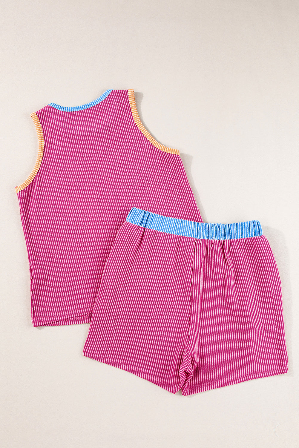 Bright Pink Corded Contrast Trim Sleeveless Top and Shorts Set