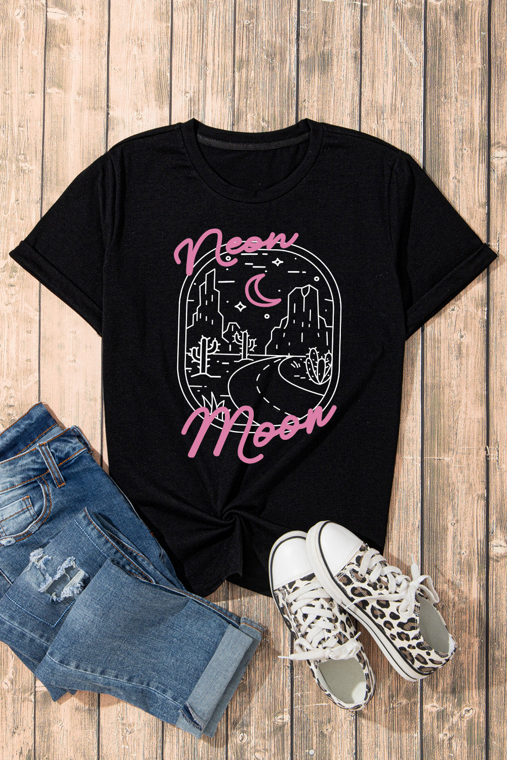 Black neon moon Letter Graphic Short Sleeve Top