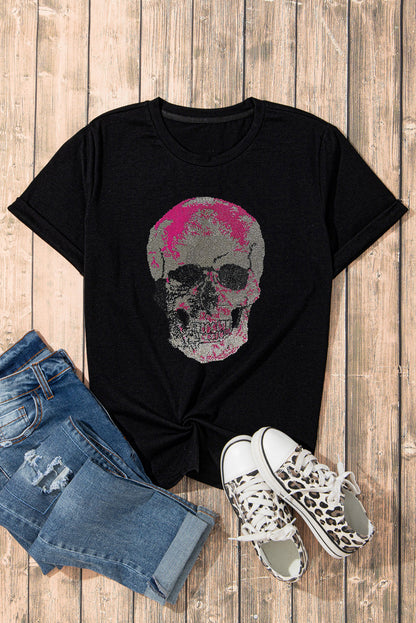 Black Rhinestone Skull Graphic Crewneck T Shirt