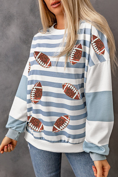 Stripe Sequined Rugby Football Pattern Pullover Sweatshirt