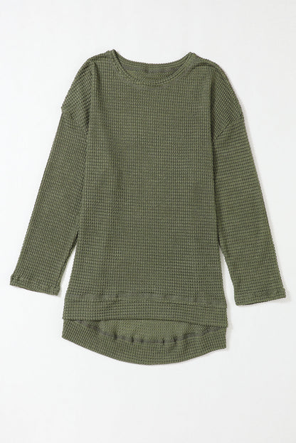 Green Waffle Knit High Slits Oversized Top