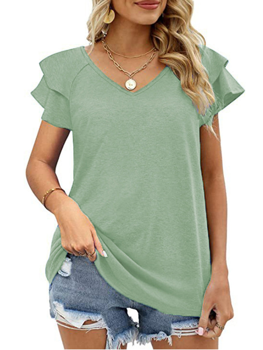 T-Shirts - Solid Color V-Neck Ruffled Sleeves Loose T-Shirt - MsDressly