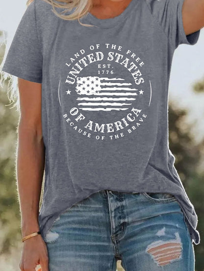 American Flag Print Gray Graphic Tee - Patriotic Short Sleeve T-Shirt