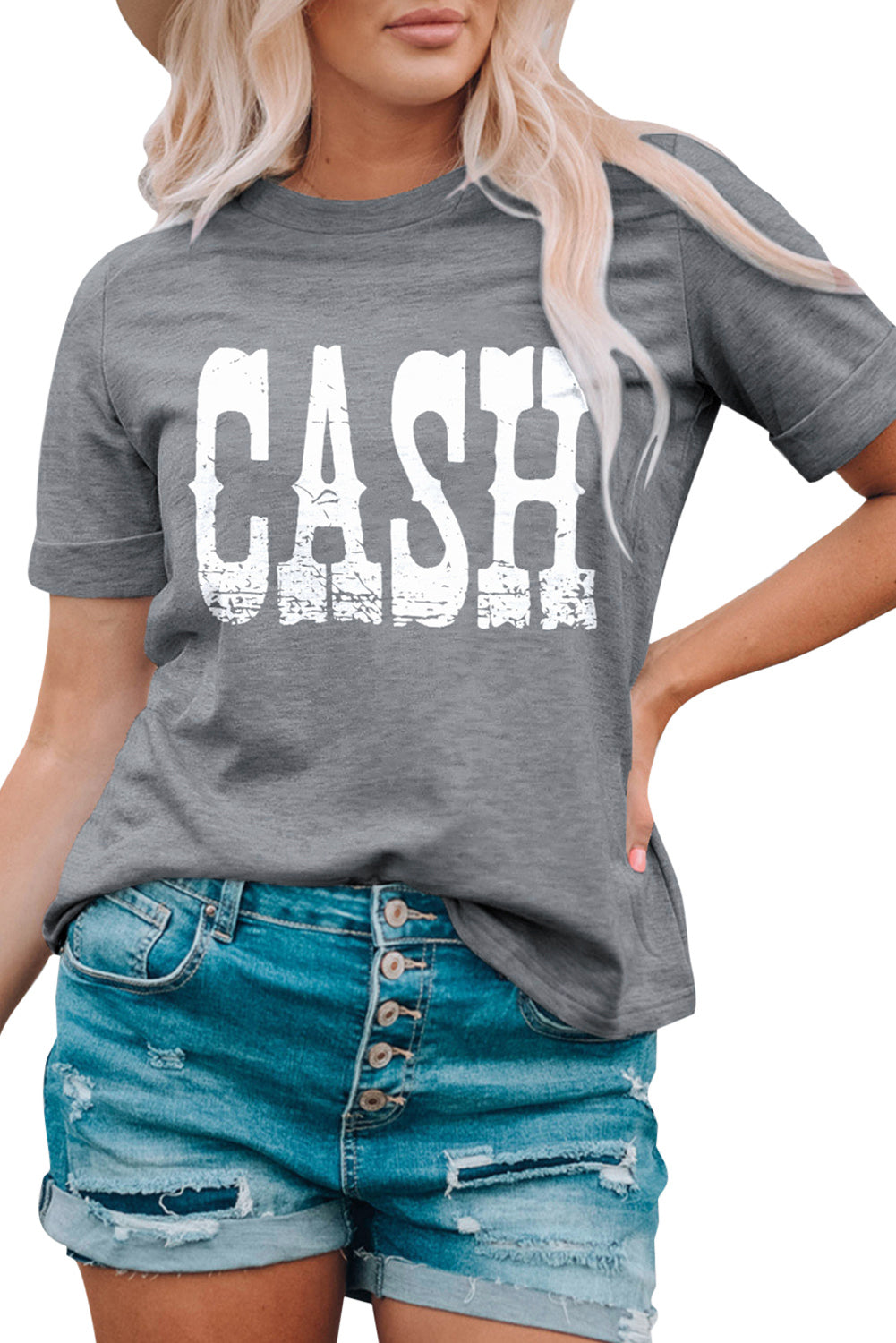 Gray CASH Letter Print T Shirt