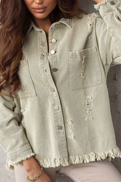 Green Distressed Fringe Trim Denim Jacket