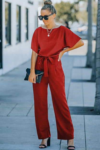 Versatile Belted Casual Jumpsuit with Long Sleeves