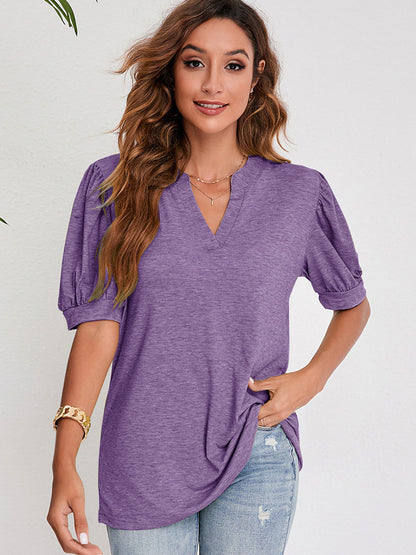 T-Shirts - V-Neck Solid Color Puff Sleeve Loose T-Shirt - MsDressly