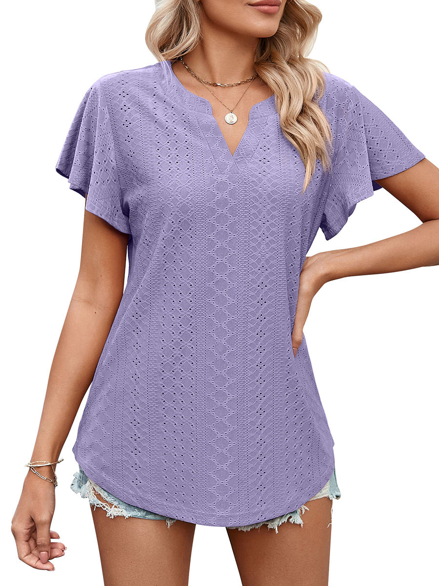 T-Shirts - Solid Color Hollow V-Neck Ruffle Sleeve Casual T-Shirt - MsDressly