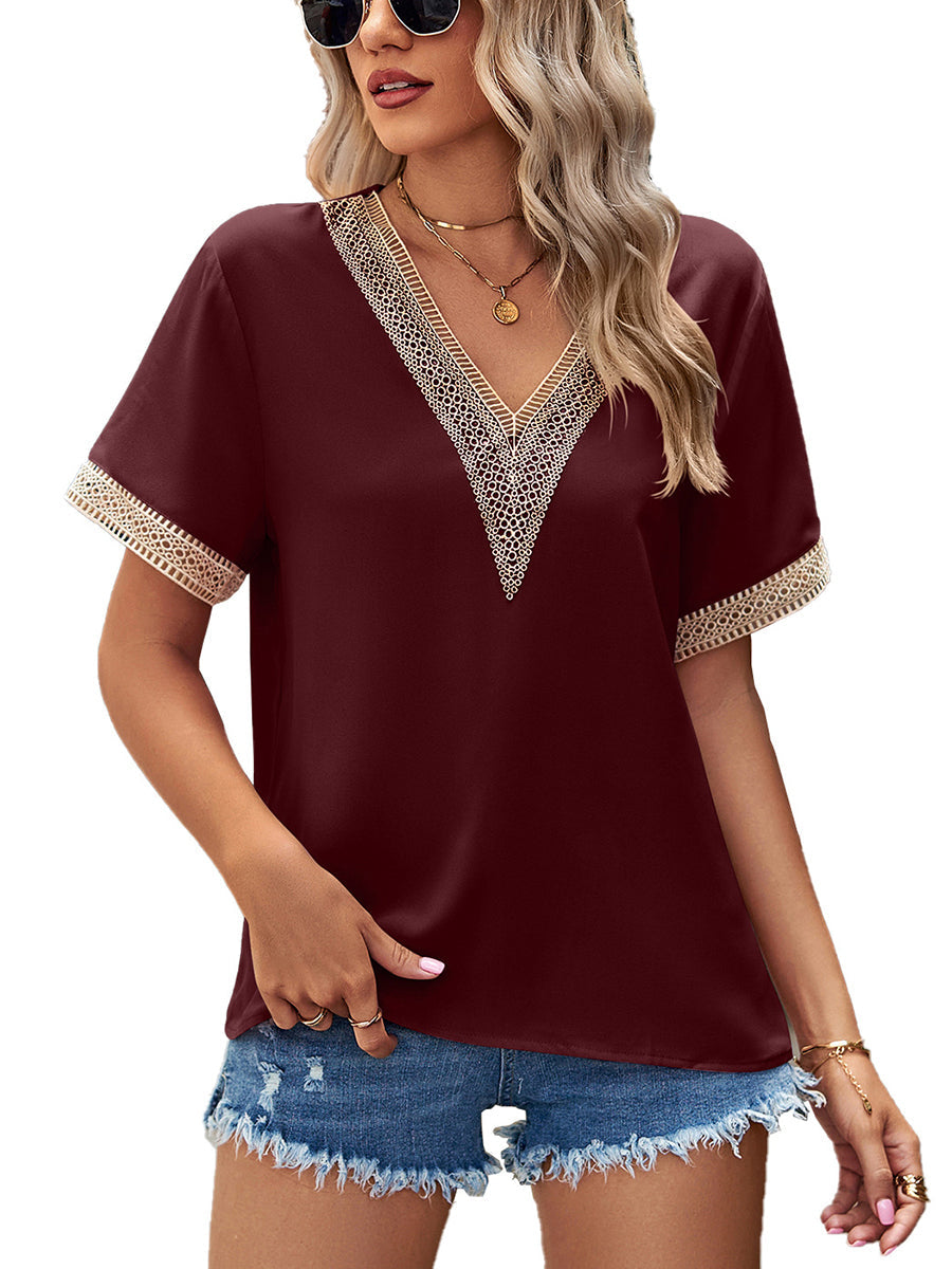 T-Shirts - Lace Paneling V-Neck Solid Color T-Shirt - MsDressly