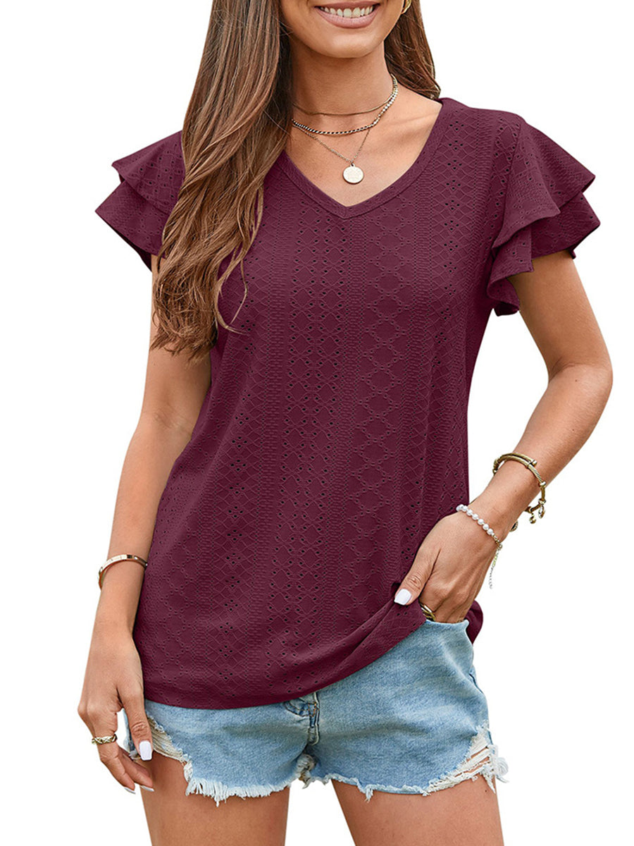 T-Shirts - Solid Color Hollowed-Out Lotus Leaf Sleeve Casual T-Shirt - MsDressly