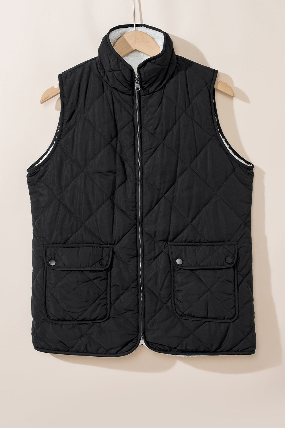 Black Fleece Lined Quilted Zip up Vest Coat